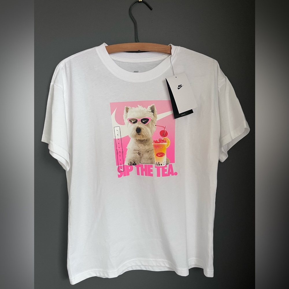 Nike White Tee with Pink Dog Graphic